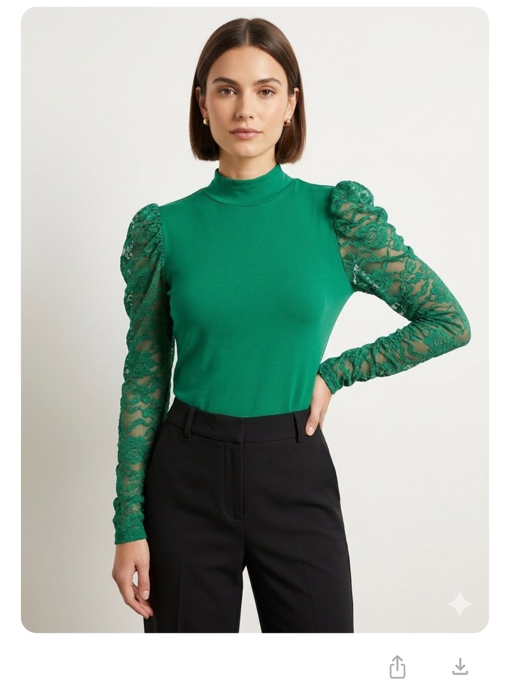 Anthropologie Green Lace Puff-Sleeve Mock Neck Top, Cotton Blend